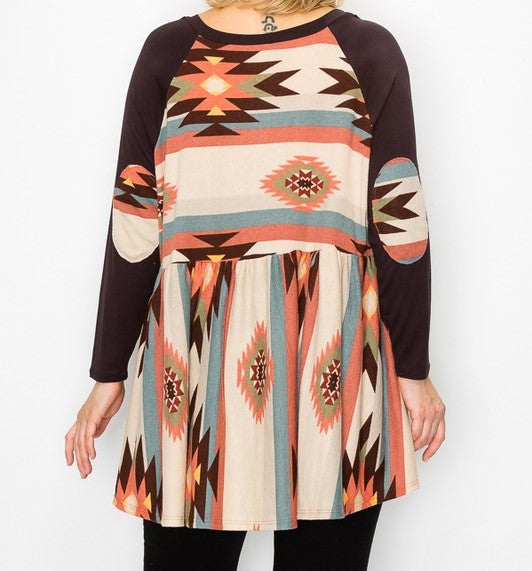 PSFU Brown Aztec Print Top w Elbow Patches