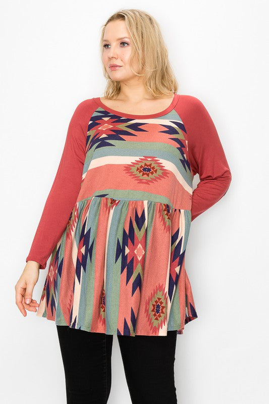 PSFU Mauve Aztec Print Top w Elbow Patch Sleeves