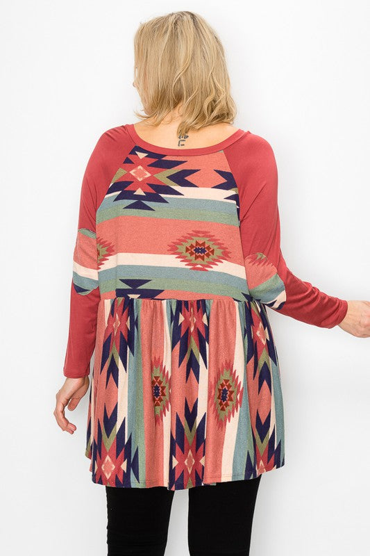 PSFU Mauve Aztec Print Top w Elbow Patch Sleeves