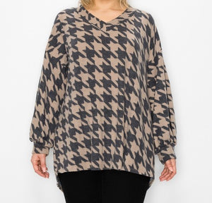 PSFU  Browny Houndstooth Top V Neck