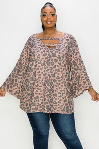 PSFU Animal Print Top w Bell Sleeve & Banded Neck