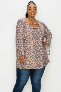 PSFU Animal Print Top w Bell Sleeve & Banded Neck