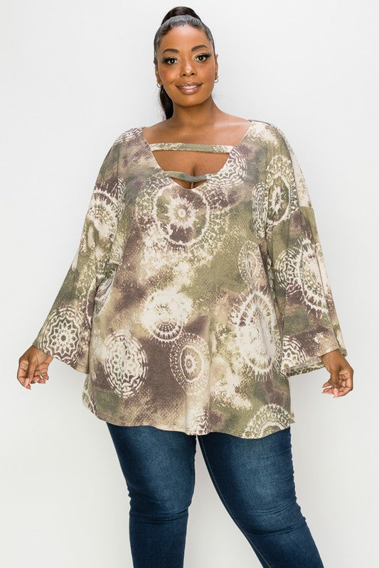 PSFU Purpley Green Tie Dye Neck Detail Top