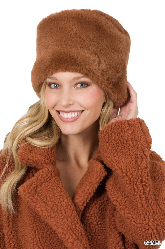 Camel Brown Faux Fur Hat