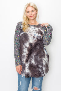 Tie Dye Top w Multi Color Gray Leopard Sleeves