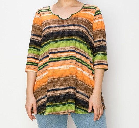 PSFU Orange Brown Green Horseshoe Neck Top