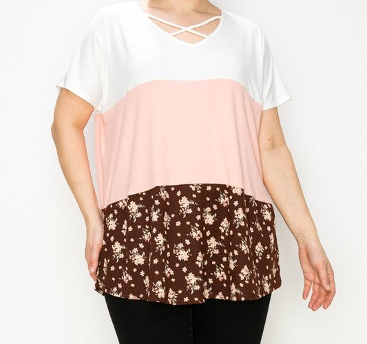 PSFU Color Block Top with Criss Cross Neckline