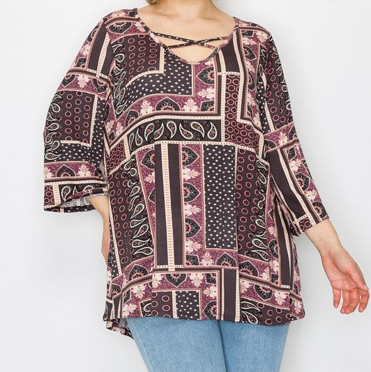 PSFU Cranberry Multi Color X Neck Top