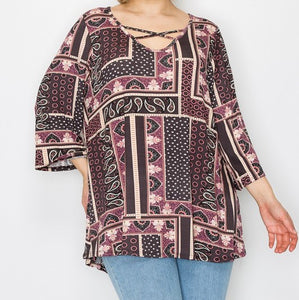 PSFU Cranberry Multi Color X Neck Top