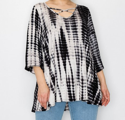 PSFU Black Bamboo Tie Dye X Neck Top Shirt
