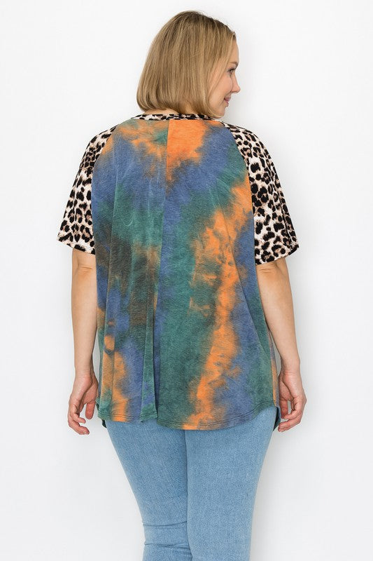 Tie Dye Shirt Top w Leopard Contrasting Sleeves
