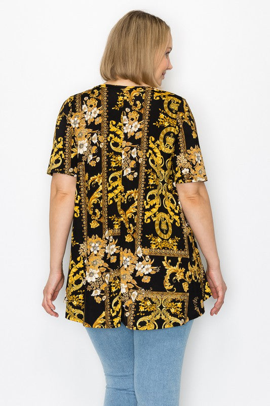 Black Gold V Neck Medallion Top