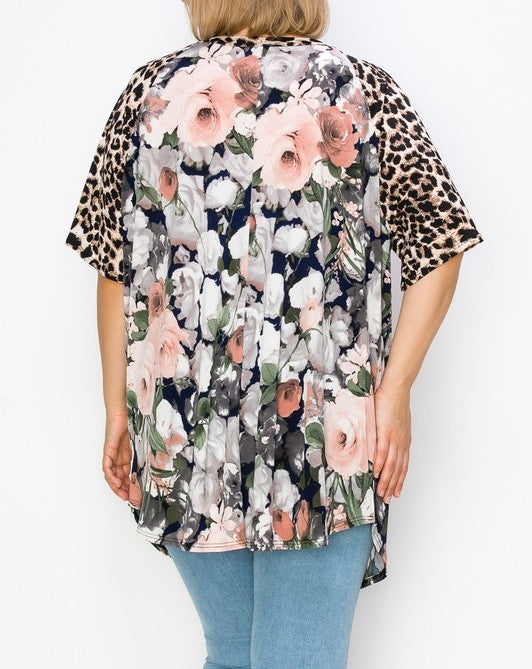 Romantic Gray Pink Floral Top w Leopard Sleeves