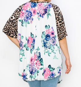 White Pink Purple Floral Top w Leopard Sleeves