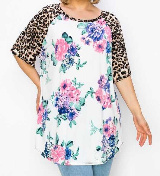 White Pink Purple Floral Top w Leopard Sleeves
