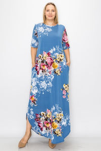 Blue Flower Print Maxi Dress w Pockets