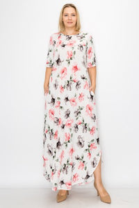 White Floral Print Maxi Dress w Pockets