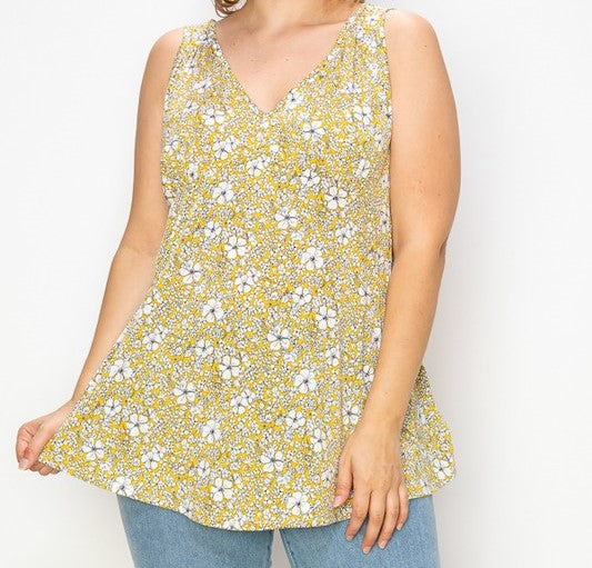 Yellow Floral Print V Neck Tank Top w Tie Back