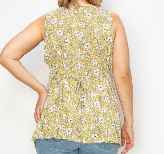 Yellow Floral Print V Neck Tank Top w Tie Back