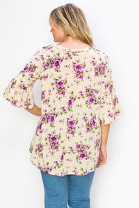 PSFU Taupe Purple Floral V Neck Top