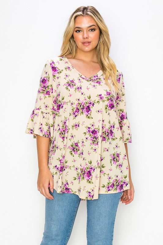 PSFU Taupe Purple Floral V Neck Top