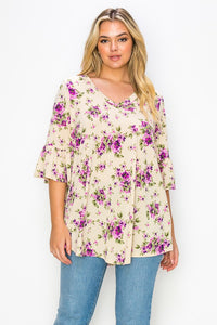 PSFU Taupe Purple Floral V Neck Top