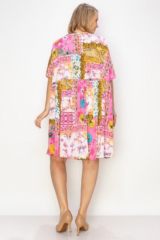 PSFU Pink Gold Multi Print Patchwork Dress w Pockets