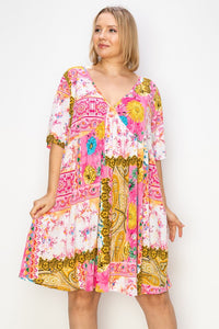 PSFU Pink Gold Multi Print Patchwork Dress w Pockets