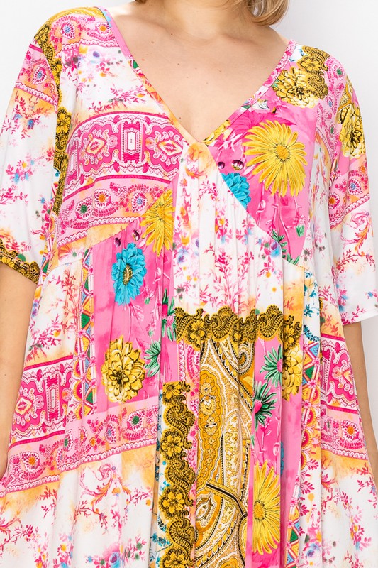 PSFU Pink Gold Multi Print Patchwork Dress w Pockets