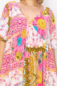 PSFU Pink Gold Multi Print Patchwork Dress w Pockets
