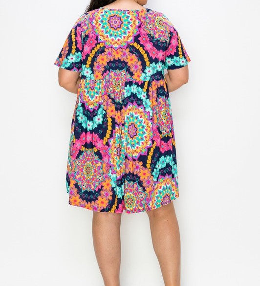 PSFU Bright Retro Multi Geo Print V Neck Dress w Pockets