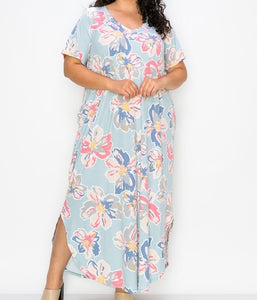 Light Blue Floral Print Maxi Dress w Pockets