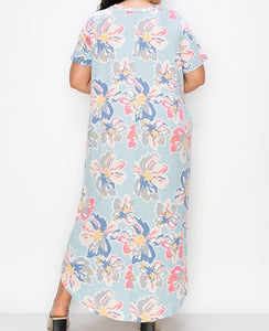 Light Blue Floral Print Maxi Dress w Pockets