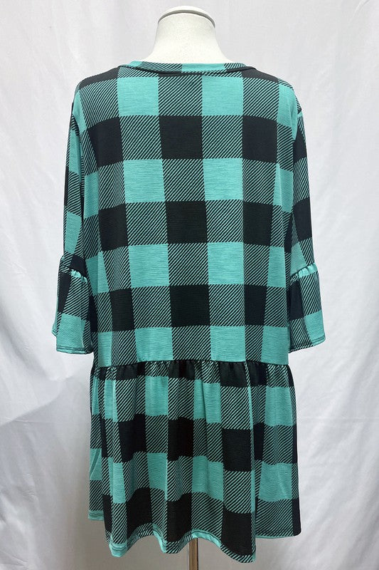 Aqua Plaid V Neck Plaid Top