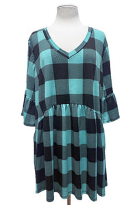 Aqua Plaid V Neck Plaid Top