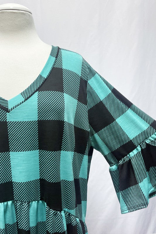 Aqua Plaid V Neck Plaid Top