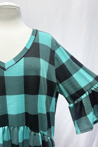 Aqua Plaid V Neck Plaid Top