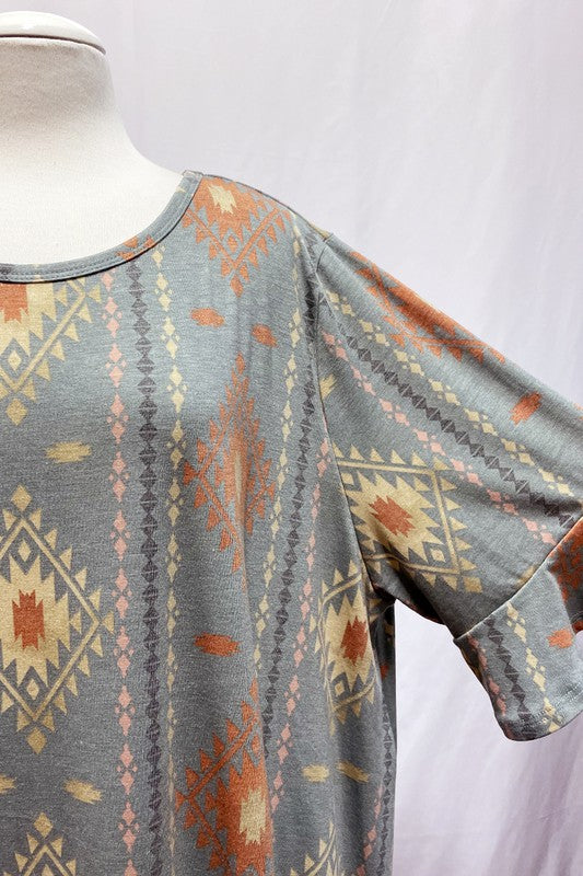 Aztec Dress w Wide Ruffle Sleeve