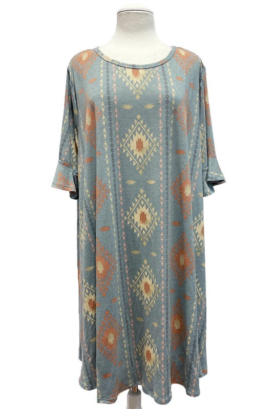 Aztec Dress w Wide Ruffle Sleeve