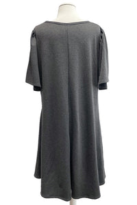 Solid Gray Dress w Wide Sleeves and Pockets