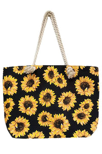 Black w Yellow Sunflower Print Tote Bag w Rope Handle