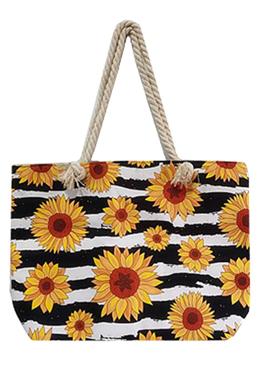 Black & White Striped Sunflower Tote Back w Rope Handles