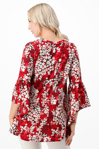 Red & White Floral Top Ruffle Sleeves