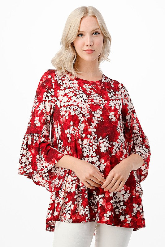 Red & White Floral Top Ruffle Sleeves