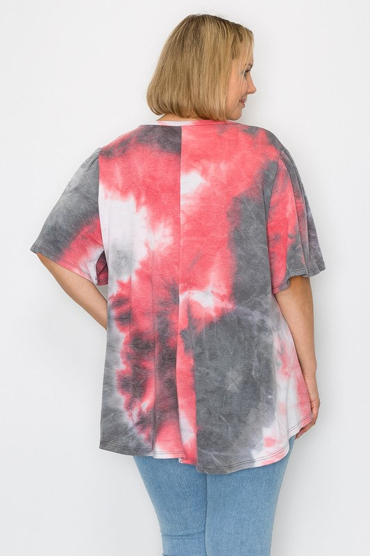 Gray Pink Tie Dye Top w V Neck and Wide Sleeves