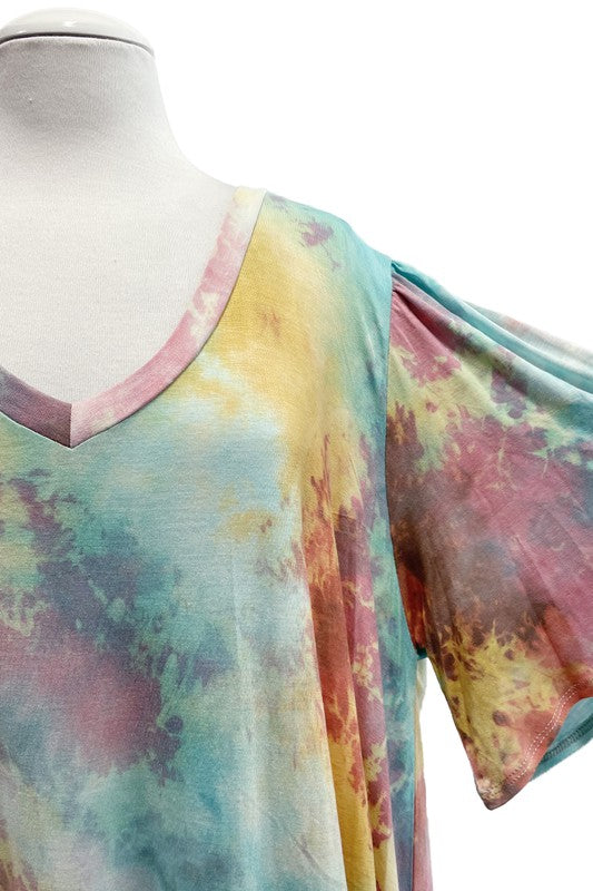 V Neck Tie Dye Top w Wide Sleeves