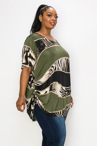PSFU Olive Green Zebra Print Color Block Tunic Shirt Top