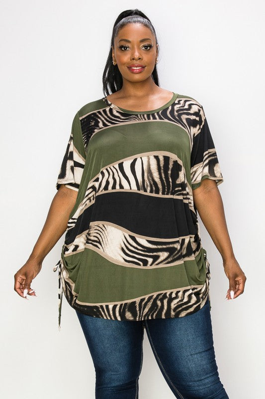 PSFU Olive Green Zebra Print Color Block Tunic Shirt Top