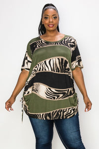 PSFU Olive Green Zebra Print Color Block Tunic Shirt Top