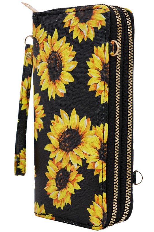 Black Sunflower Double Zip Wallet w Crossbody Shoulder Strap